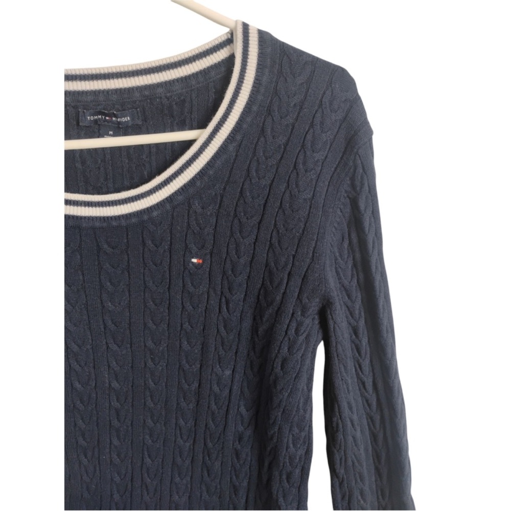 Tommy Hilfiger Women's Navy Cable Knit Sweater with White Trim Size Medium - Picture 2 of 4